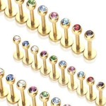 Pozlacený piercing do brady - labreta (tmavě fialová, 3 mm, 1,2 x 8 mm)