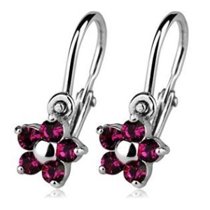 Dětské náušnice stříbrné - kytičky, Crystals from SWAROVSKI®, barva: Fuchsia