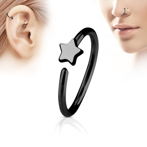 Černý piercing do nosu/ucha kruh s hvězdou