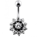 Stříbrný piercing do pupíku - kytička (čirá/tmavě růžová)