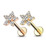 Zlacená labreta / piercing do ucha - kytička, čiré zirkony (růžové zlato, 1,2 x 8 mm)