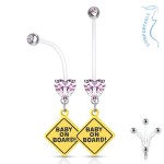 Těhotenský piercing do pupíku - baby on board (růžová)