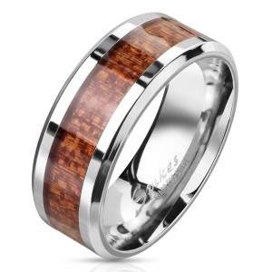 Pánský ocelový prsten dekor dřevo