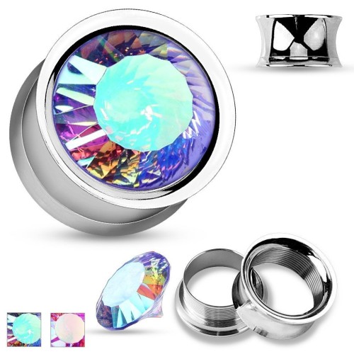 Šroubovací tunel do ucha - duhový kámen (duhově růžová, 6 mm)