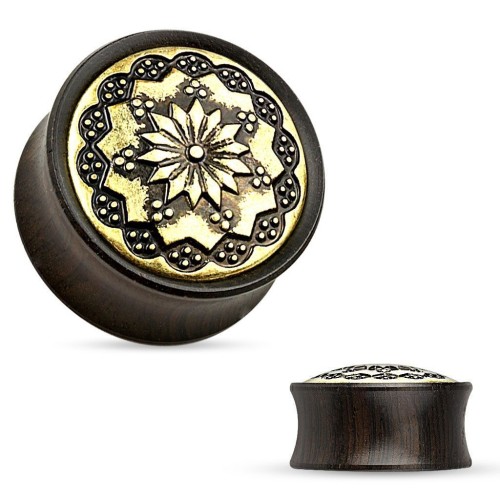 Dřevěný plug do ucha Ebony Wood s ornamenty (16 mm)