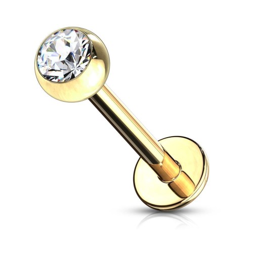 Pozlacený piercing do brady - labreta (čirá, 3 mm, 1,2 x 8 mm)