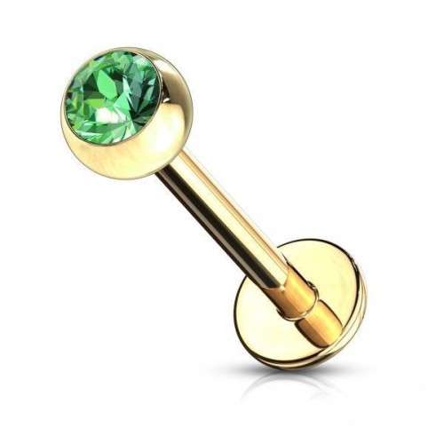 Pozlacený piercing do brady - labreta (světle zelená, 3 mm, 1,2 x 8 mm)
