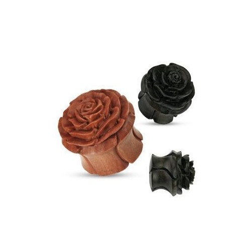 Vyřezávaný plug do ucha růže - přírodní dřevo (černé dřevo, 19 mm)
