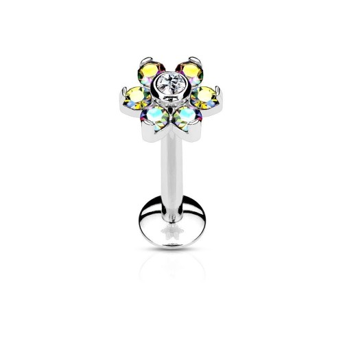 Piercing do brady - labreta kytička, čirý/duhové kamínky (1,2 x 8 mm)