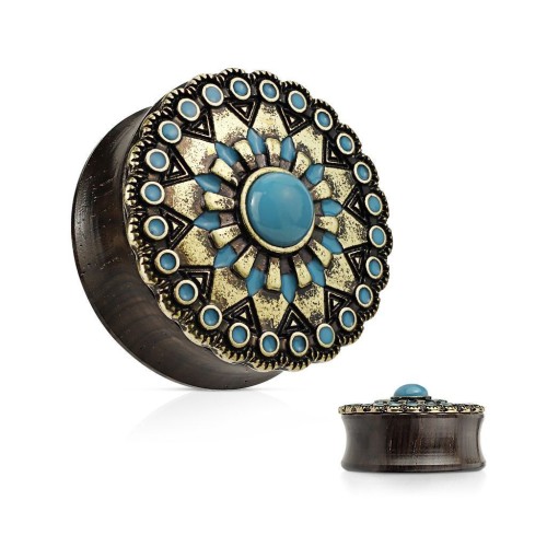 Dřevěný plug do ucha s tyrkysovým dekorem (19 mm)