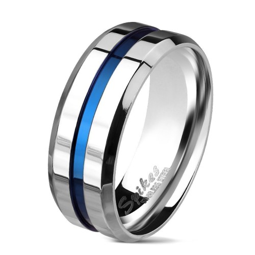 Pánský ocelový prsten s modrým pruhem (65)