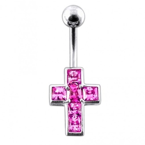 Stříbrný piercing do pupíku - křížek (růžová)