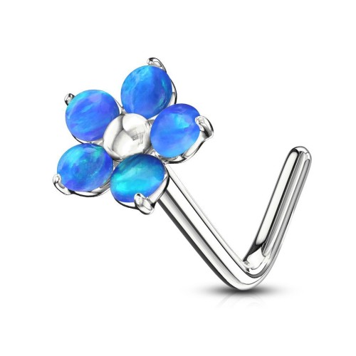 Zahnutý piercing do nosu - kytička s opály (modrá)