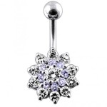 Stříbrný piercing do pupíku - kytička (čirá/tmavě  fialová)