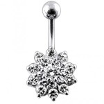 Stříbrný piercing do pupíku - kytička (čirá/tmavě  fialová)