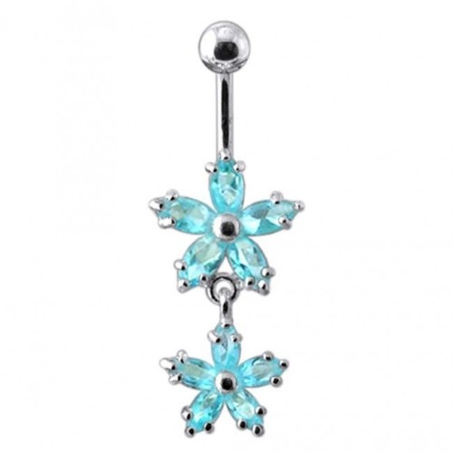 Stříbrný piercing do pupíku - kytičky (tyrkysová)