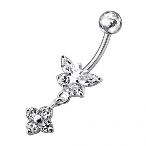 Stříbrný piercing do pupíku - motýlek s kytičkou (čirá)