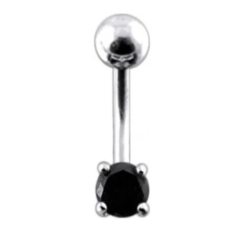 Stříbrný piercing do pupíku, zirkon (černá, 1,30 g, 1,6 x 10 mm)