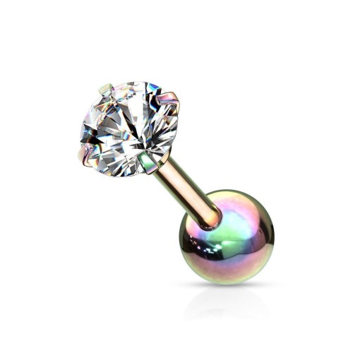 Duhový cartilage piercing do ucha, čirý kámen (3 mm, 1,2 x 6 mm)