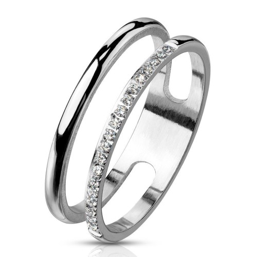 Dvojitý ocelový prsten se zirkony (52)