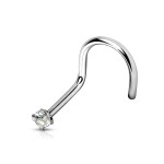 Zahnutý piercing do nosu - titan, čirý kamínek (čirá, 2 mm, 1,0 x 6 mm)