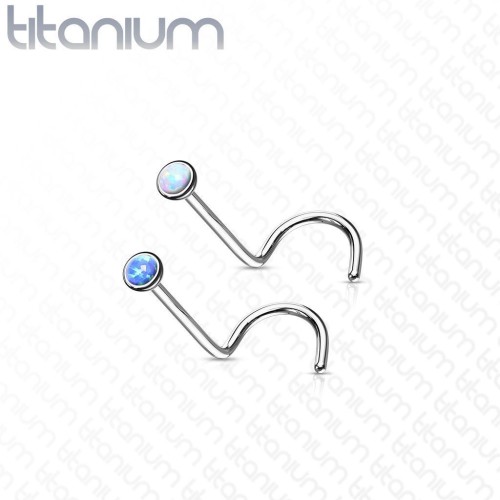 Zahnutý piercing do nosu - titan, opál 2 mm (modrá)
