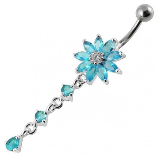 Stříbrný piercing do pupíku - kytička (tyrkysová)