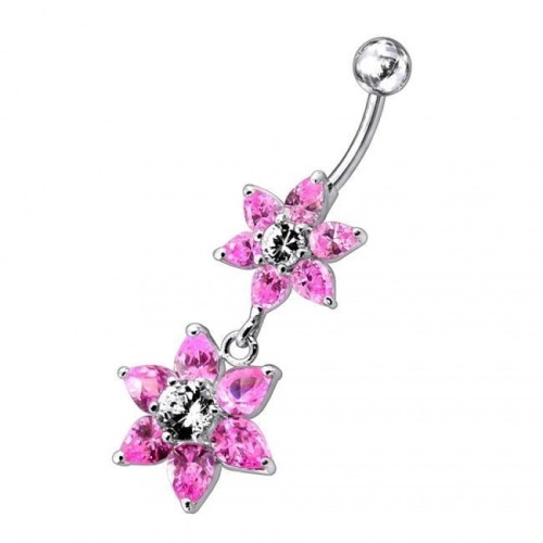 Stříbrný piercing do pupíku - kytičky (růžová)