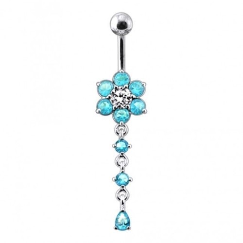 Stříbrný piercing do pupíku - kytička (tyrkysová)