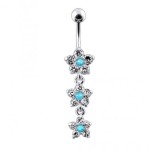 Stříbrný piercing do pupíku - kytičky (čirá/tyrkysová)