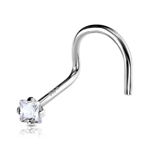 Zlatý piercing do nosu - čtvercový zirkon, Au 585/1000 (čirá, 0,14 g)