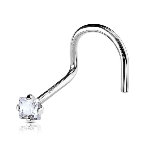Zlatý piercing do nosu - čtvercový zirkon, Au 585/1000 (čirá, 0,14 g)