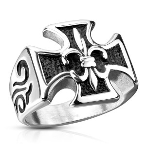 Ocelový prsten - kříž se skautskou lilií