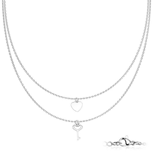 Dvojitý ocelový náhrdelník s klíčkem a srdíčkem