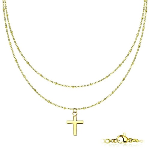 Dvojitý ocelový náhrdelník s křížkem zlacený