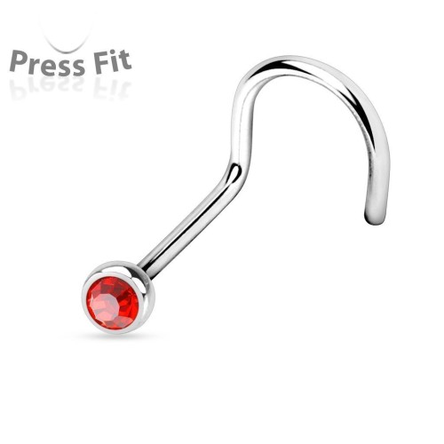 Zahnutý piercing do nosu, zirkon 2mm (červená)