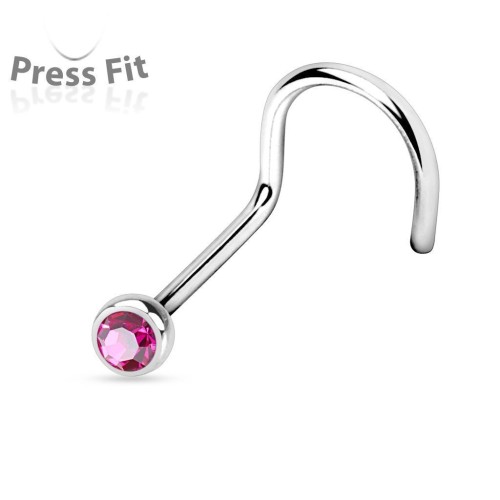 Zahnutý piercing do nosu, zirkon 2mm (tmavě růžová)