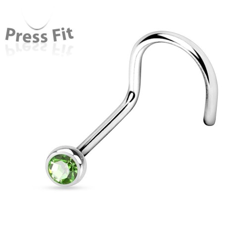 Zahnutý piercing do nosu, zirkon 2mm (zelená)