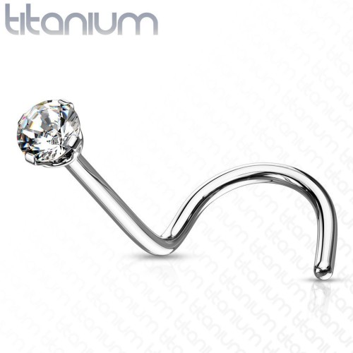 Zahnutý piercing do nosu - titan, kamínek 2 mm (čirá)
