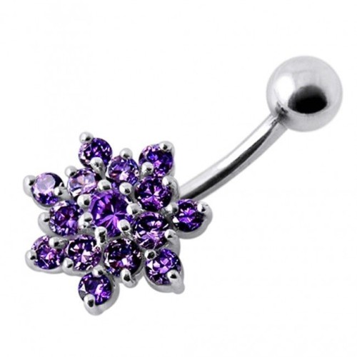 Stříbrný piercing do pupíku - kytička (tmavě fialová)