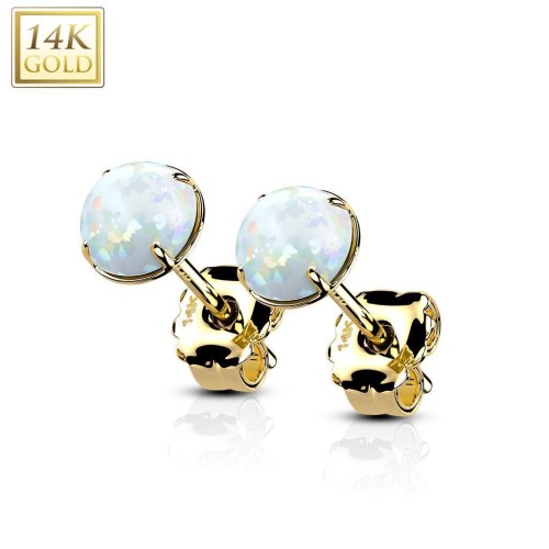 Zlaté 14ti karátové náušnice s bílými opály (0,36 g, 4 mm)