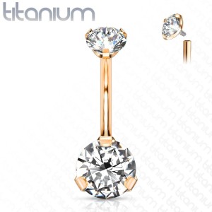 Zlacený piercing do pupíku vnitřní závit, zirkon - TITAN