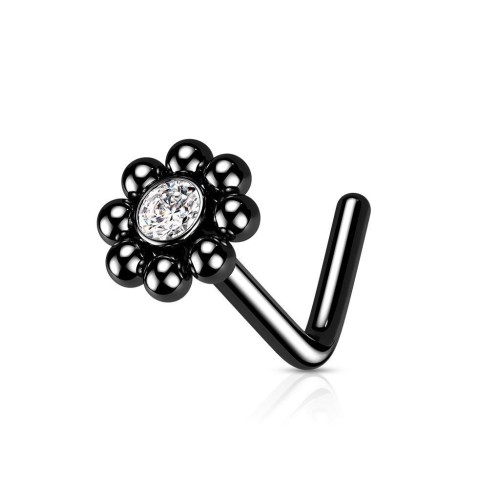Zahnutý piercing do nosu - kytička černá