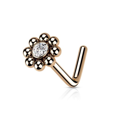 Zahnutý piercing do nosu - kytička zlacená