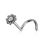 Zahnutý piercing do nosu - kytička černá