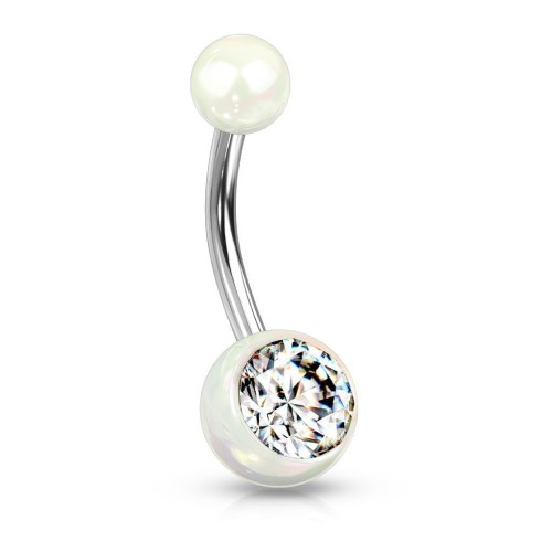 Piercing do pupíku - perleťový lesk a zirkon (bílý)