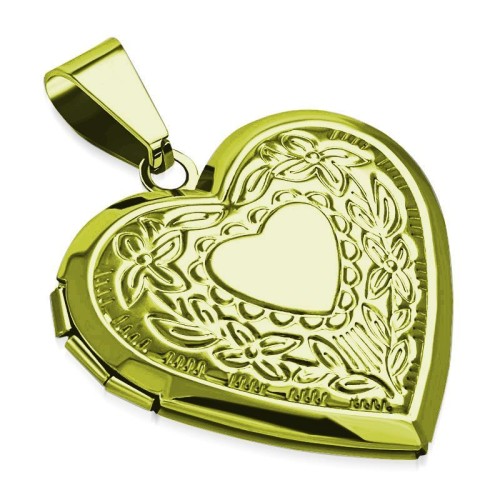 Zlacený ocelový přívěsek - medailon otevírací - srdíčko s ornamenty