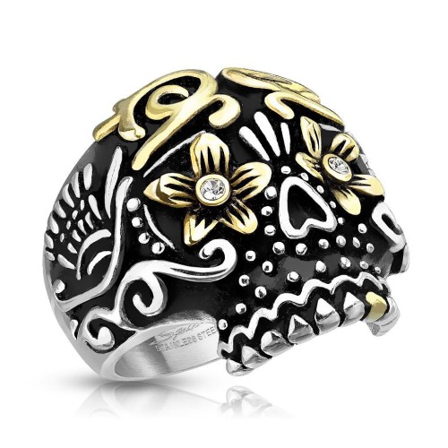 Ocelový prsten - lebka s ornamenty (60)