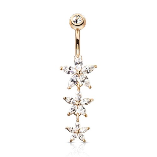 Visací piercing do pupíku s kytičkami rosegold