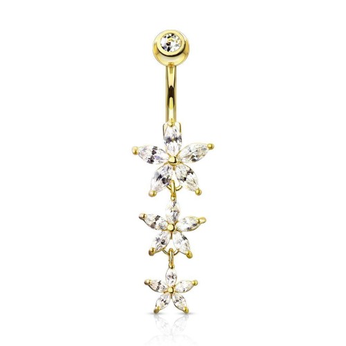 Visací piercing do pupíku s kytičkami gold